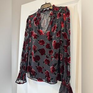 PAIGE Floral V-Neck Blouse - Red and Gray